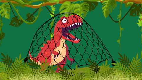 Green Background with forest floor and vines. A red dinosaur is caught under a net