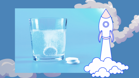 Blue background with an image of an Alka seltzer tab in water and an illustration of a rocket next to it