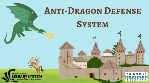 Text "Anti-Dragon Defense System" over a Dragon attacking a castle defended by a knight on a horse