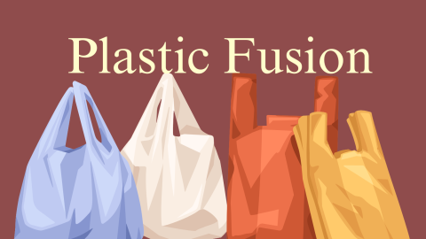 Image with colorful plastic bags and text "Plastic Fusion" over it