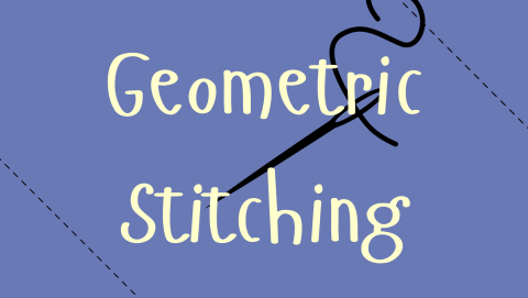 A purple background with a needle and thread and the text "geometric stitching" over it