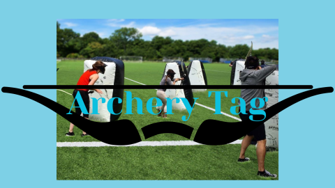 Image of kids in face shields with bows with foam arrows behind inflatable shields. With text of "Archery Tag" over it
