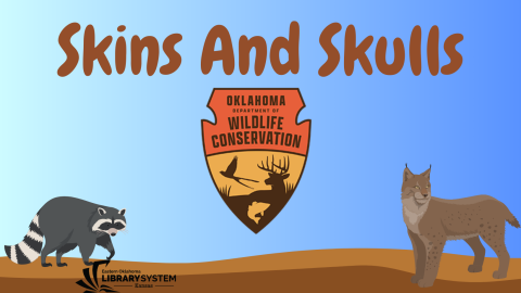 Text "Skins and Skulls" with Oklahoma wildlife conservation logo along with a racoon and bobcat