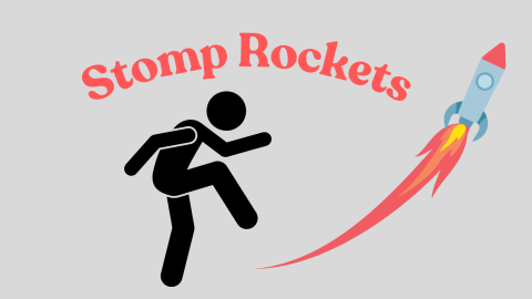 Text "Stomp Rockets" with a person stomping and a rocket taking off