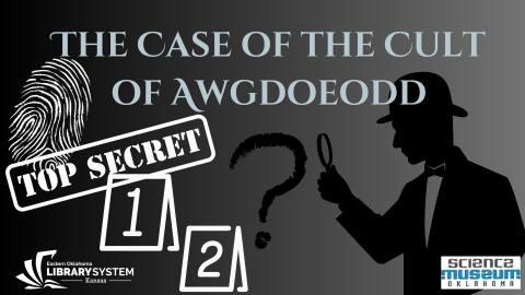 Text "The Case of the Cult of Awgdoeodd" on a black and grey image with classic mystery images.
