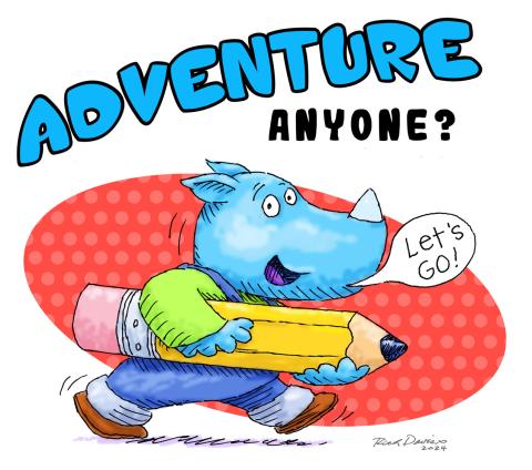 An illustration of a rhino with a pencil drawn by Rich Davis with the text "Adventure Anyone?"