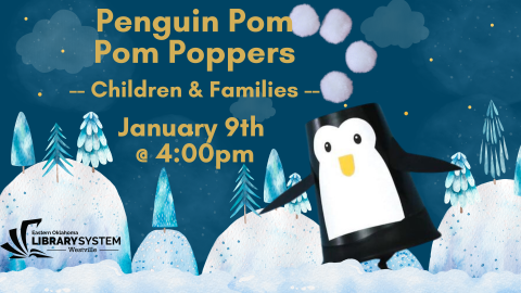 Penguin popper on winter background with text of date and time of event