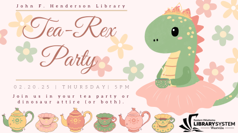 A dinosaur in a tutu with a tiara holding a cup of tea. "Tea-Rex Party"