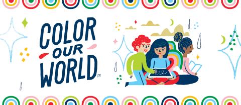 text: Color our world graphic of children reading