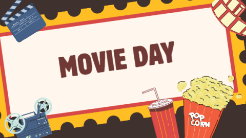 Movie screen with popcorn, drink, and film