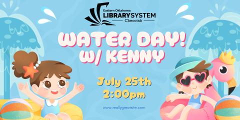 Illustrated photo of children in inner tubes in front of water-themed background imagery. Banner text reads 'Water Day! with Kenny, July 25th 2:00pm'