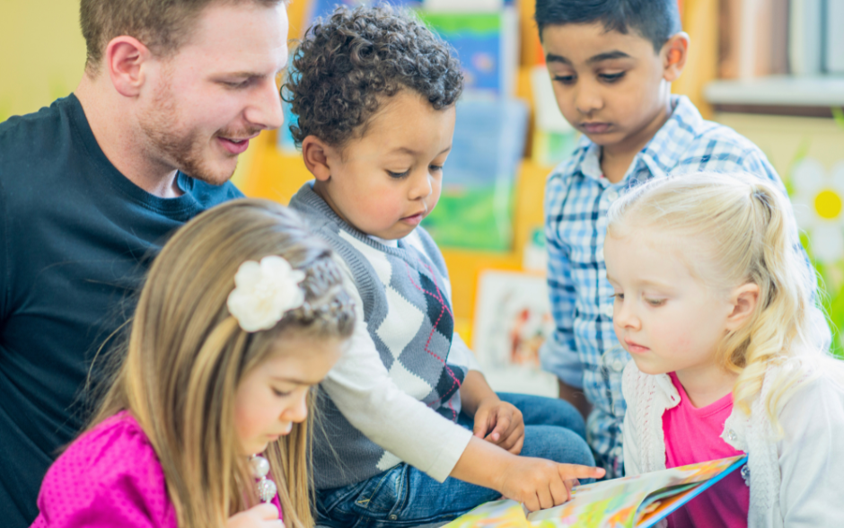 families reading at the library