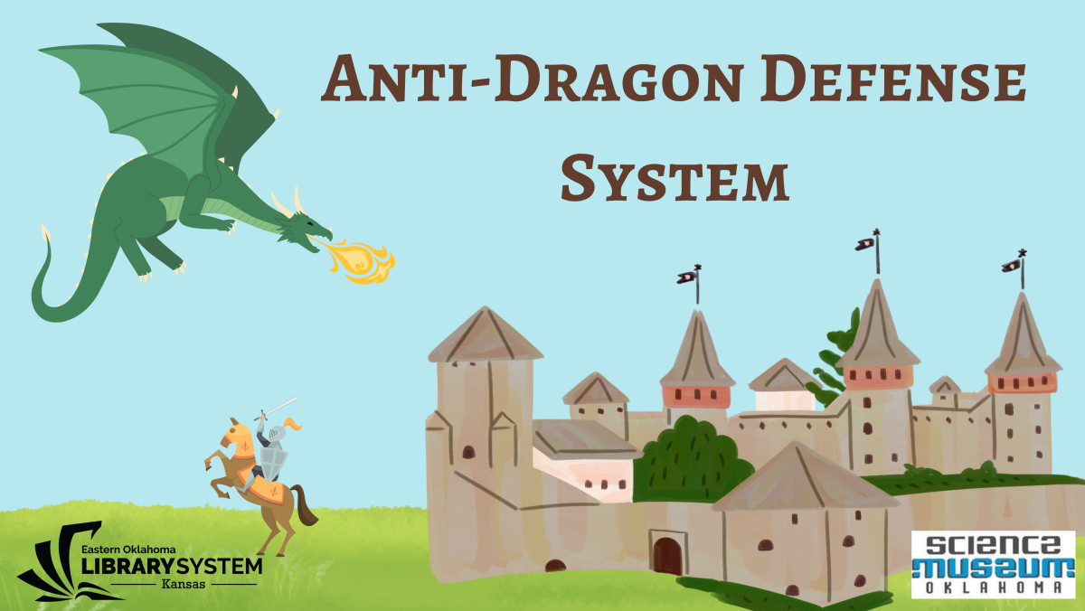 Text "Anti-Dragon Defense System" over a Dragon attacking a castle defended by a knight on a horse