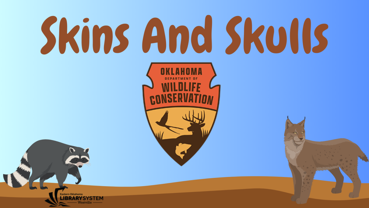 Text "Skins and Skulls" with Oklahoma wildlife conservation logo along with a racoon and bobcat