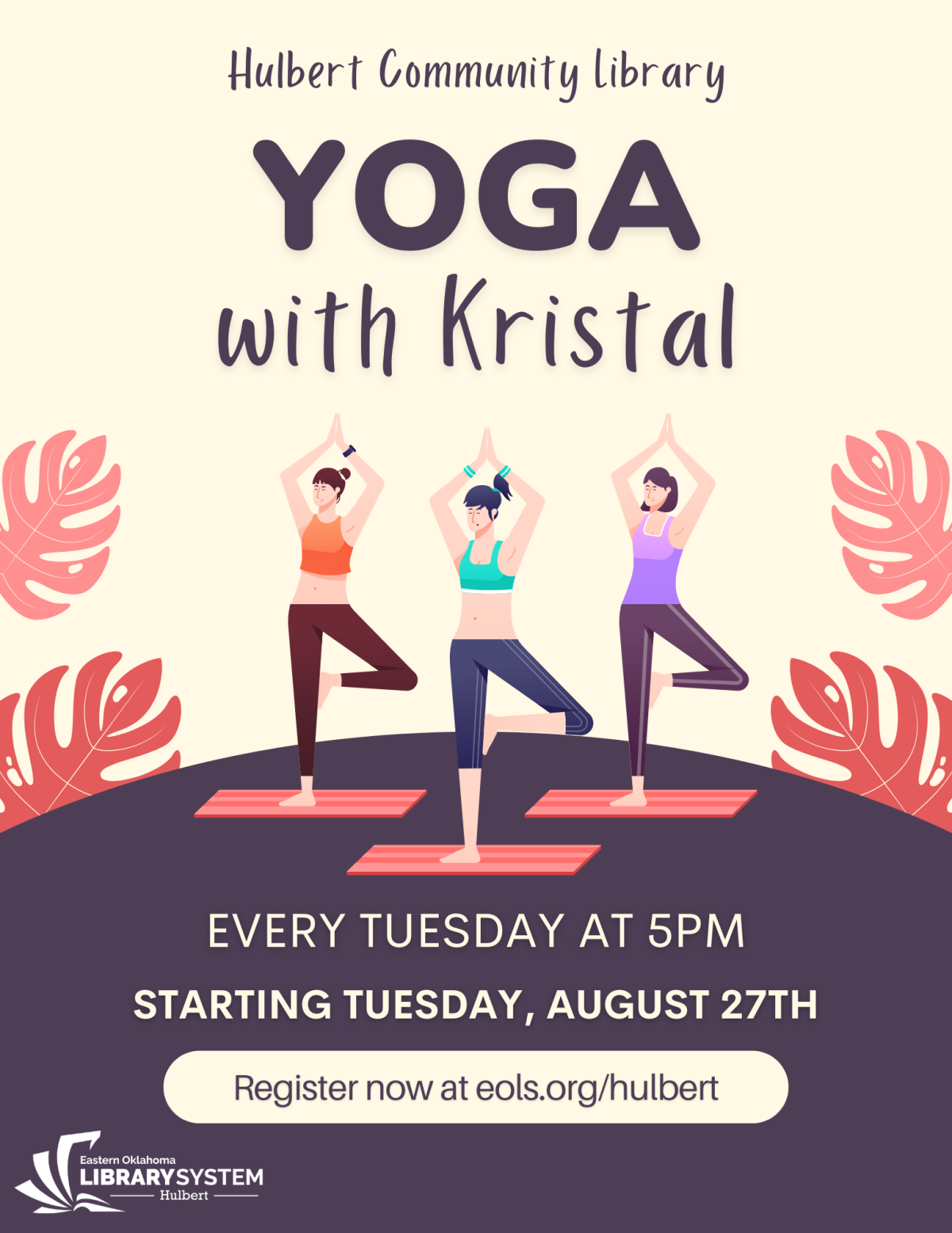 Yoga with Kristal at 5pm every Tuesday, starting August 27th