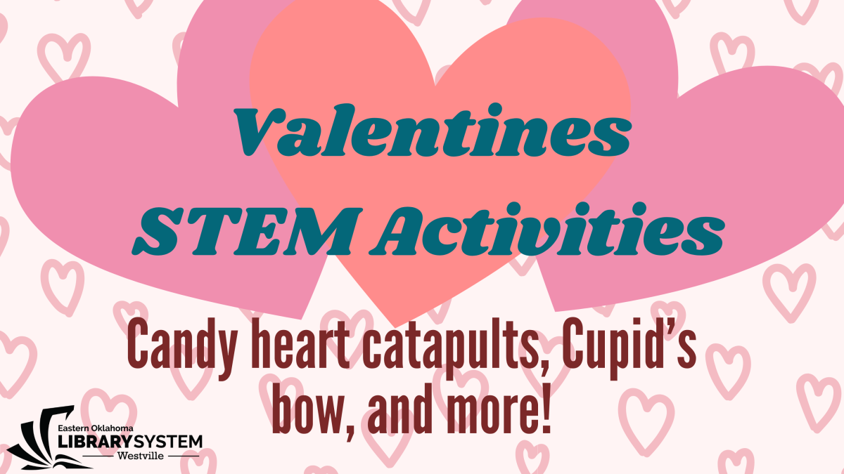 Heart background with text "Valentines STEM Activities" and description of program