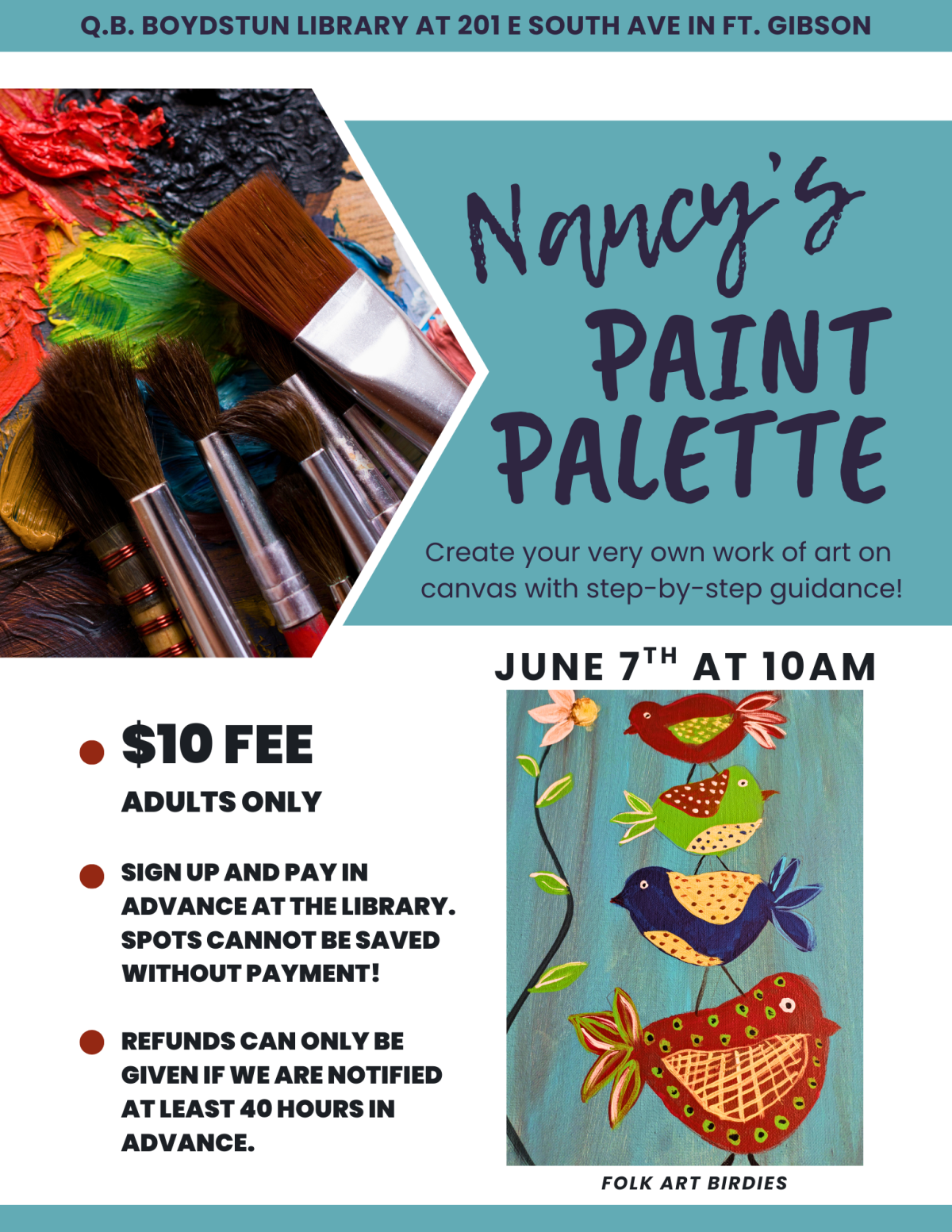 Nancy's Paint Palette Flyer for June 2025